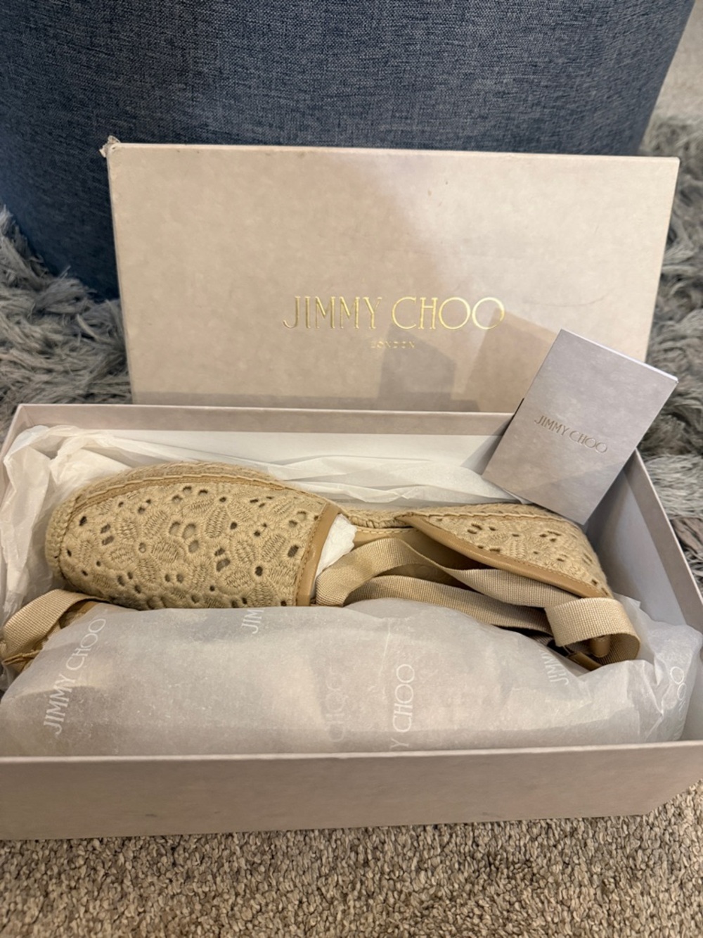 Jimmy Choo Natural Crochet Espadrille Flats with Ribbon Ties